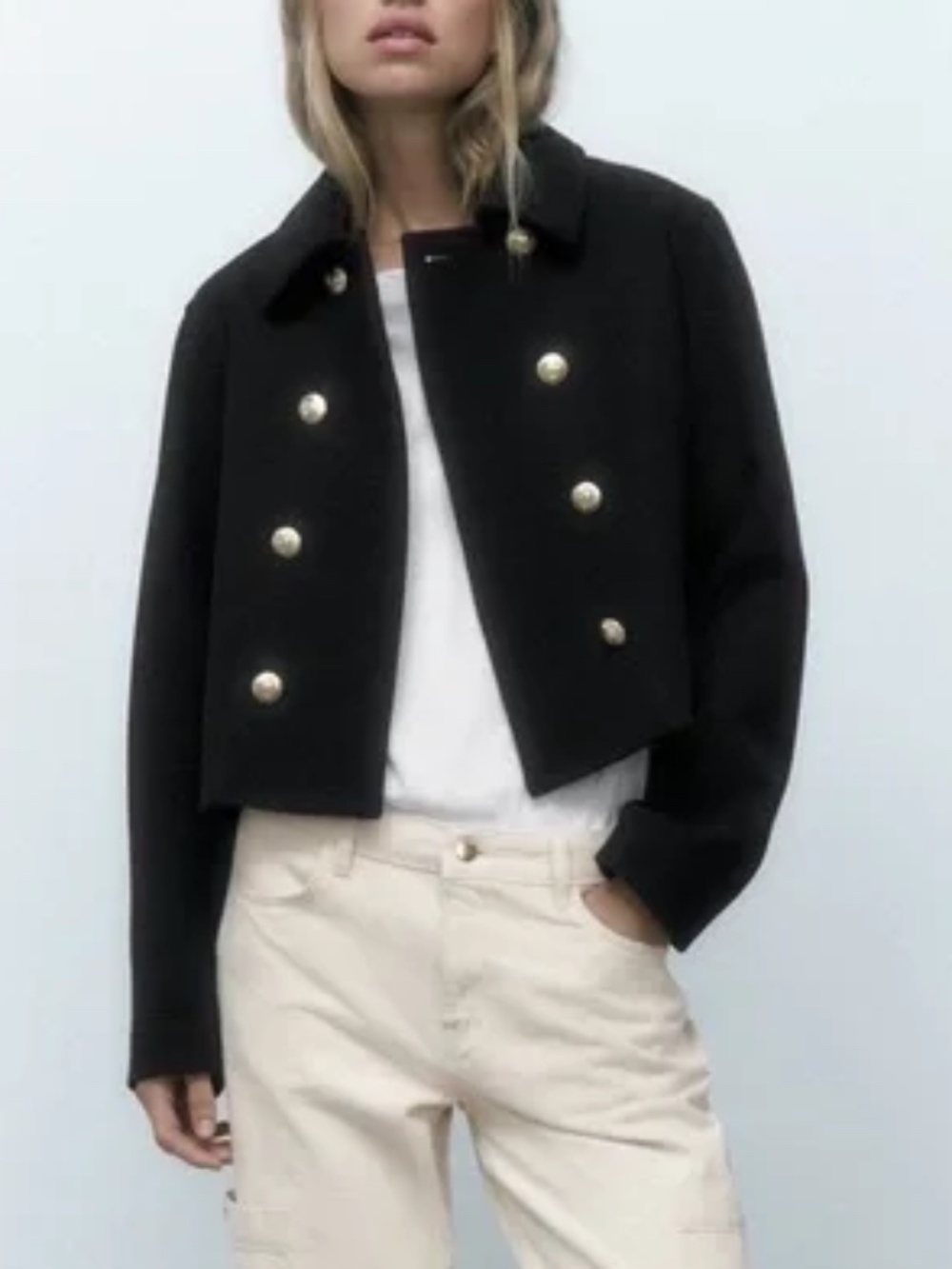 Zara Double Breasted Cropped Black Pea Coat with Gold Buttons Size Medium